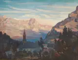 Swiss School, A mountainous landscape with a church and village in the foreground, oil on canvas