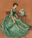 Louis Joseph Cazaban, An elegant lady in a green floral dress seated beside a table with flowers, oil on canvas