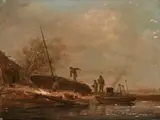 Jan van Goyen, Figures repairing a boat, oil on panel