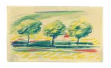 August Macke, Drei Bäume und Haus, 1912, Farbkreide auf Papier (aus einem Skizzenbuch)