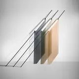 Bec Brittain, Flags from the Resolute series, set of three, 2017, peach, gray, and bronze glass, oil-rubbed bronze, LED bulbs