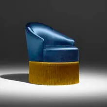 Dimorestudio, Sciura armchair with fringe, 2014, satin upholstery, lacquered wood, brass