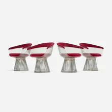 Warren Platner, Armchairs, set of four, upholstery, chrome-plated steel