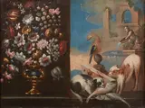 A vase of flowers and dogs with fish by a fountain by Italian School, oil on canvas, sold Oct 2019