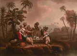 Roman huntresses with their game and a monkey in an exotic landscape by Italian School, oil on canvas, sold Oct 2019