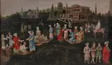Flemish School, A capriccio of the Topkapi Palace with a slave market in the foreground, oil on paper laid down on panel