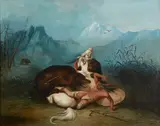 George Catlin, A native American on horseback under a brown bear attack, oil on canvas