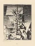 Lyonel Feininger, Gelmeroda (mit Tanne), 1918, Holzschnitt auf Transparentpapier