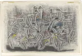 Willi Baumeister, Figurenmauer mit Blau, Rot und Gelb, 1947, Kohle und Farbkreide auf genarbtem Aquarellkarton
