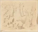 Johann Friedrich Overbeck, Die Israeliten in der Wüste sammeln das Manna, Um 1860, Bleistift, grau und braun laviert und mit Feder in Schwarz gerahmt, auf Papier aufgezogen