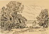 Paul Signac, Landschaft bei Lézardrieux, 1925, Pinsel in Schwarz über Bleistift, braun laviert, auf hellbraunem Papier, auf Karton aufgezogen