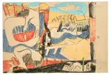 Le Corbusier, Ohne Titel (Komposition mit Figuren), 1937, Aquarell, Farbkreiden und Feder auf Papier mit Mittelfalz (Wasserzeichen: The Best of all Papers). Fest auf Karton montiert