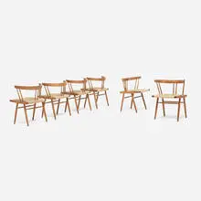 George Nakashima, Grass-Seated chairs, set of six, 1965, American black walnut, sea grass cord