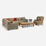 Roy McMakin, Living Room Set, 2007, upholstery, lacquered wood, maple, oak, enameled steel