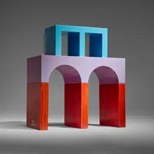 Ettore Sottsass, Small bookcase, model ES-4, 1991, lacquered and veneered MDF, stained tiger maple