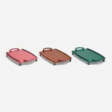 George Sowden, Unique prototype trays, set of three, 1991, lacquered merbau, merbau