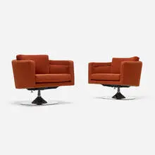 Milo Baughman, Swivel lounge chairs, pair, c. 1975, chrome-plated steel, upholstery