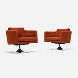 Milo Baughman, Swivel lounge chairs, pair, c. 1975, chrome-plated steel, upholstery