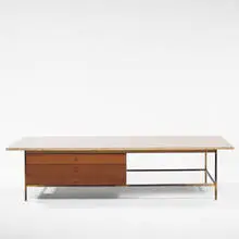 coffee table by Paul McCobb, 1950s, travertine, brass, primavera, sold Oct 2001