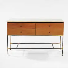 Paul McCobb, console, 1950s, travertine, brass, primavera