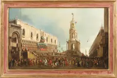 called il Canaletto Antonio Canal, The annual visit of the Doge to Santa Maria della Salute; The Doge attends the Giovedi Grasso Festival in the Piazzetta, Venice (a pair), both oil on canvas