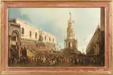 The annual visit of the Doge to Santa Maria della Salute; The Doge attends the Giovedi Grasso Festival in the Piazzetta, Venice (a pair) by called il Canaletto Antonio Canal, both oil on canvas, sold Jun 2019