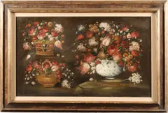 A still life of three floral arrangements by Spanish School, oil on canvas laid down on masonite, offered Jun 2019