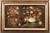 Spanish School, A still life of three floral arrangements, oil on canvas laid down on masonite