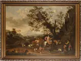 An extensive landscape with figures and farm animals watering by a fountain by Nicolaes Pieterszoon Berchem, oil on canvas, sold Jun 2019