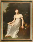 Pierre-Paul Prud'hon, A portrait of a young girl holding a pen and sketch book seated in a landscape, oil on canvas