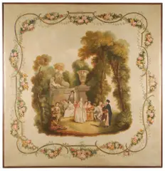 Elegant figures gathered in a garden landscape within a floral cartouche by French School, oil on canvas, offered Jun 2019