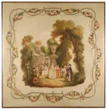 Elegant figures gathered in a garden landscape within a floral cartouche by French School, oil on canvas, offered Jun 2019