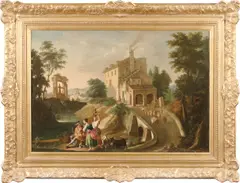 Flemish School, An extensive landscape with sheep on a causeway leading to a castellated farmhouse, oil on canvas