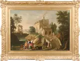 Flemish School, An extensive landscape with sheep on a causeway leading to a castellated farmhouse, oil on canvas