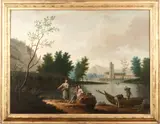 Fisherfolk on a lake shore with a church beyond by English School, oil on canvas, offered Jun 2019