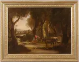 Cattle and a sheep watering by a stream with figures nearby by English School, oil on canvas, offered Jun 2019