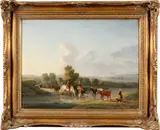Travelers with cattle fording a stream by English School, oil on panel, offered Jun 2019