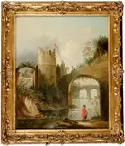 A view of a castellated tower with a bridge and figures by English School, oil on canvas, offered Jun 2019