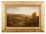 A river landscape with figures, cows watering and an imaginery fortified town beyond by English School, oil on panel, offered Jun 2019