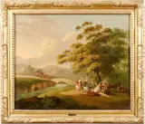 An extensive landscape with figures by a stream by English School, oil on canvas, offered Jun 2019