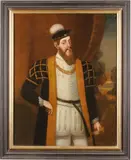 William Scrots, A portrait of a gentleman with a plumed hat, oil on canvas
