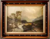 A stag near a rushing river in a mountainous landscape by Continental School, oil on canvas, offered Jun 2019