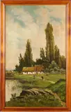J. Claude Durandt, A figure and cattle outside a rustic farmhouse with tall trees beyond, oil on canvas
