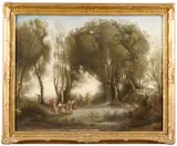 A wooded landscape with figures merry-making by French School, oil on canvas, sold Jun 2019