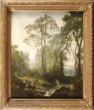 Figures bathing in a woodland stream by French School, oil on canvas, sold Jun 2019