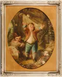 Feeding the chickens; Blowing bubbles (a pair) by French School, both oil on circular canvas, sold Jun 2019