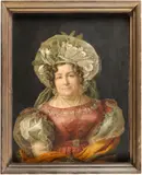 A portrait of a lady with an elaborate bonnet by French School, oil on canvas, sold Jun 2019