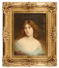 Angelo Asti, An auburn-haired beauty in a diaphanous blue shawl, oil on canvas laid down on board