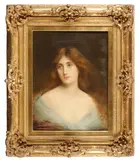 Angelo Asti, An auburn-haired beauty in a diaphanous blue shawl, oil on canvas laid down on board
