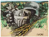 Markus Lüpertz, Ohne Titel (Deutsches Motiv), 1972, Gouache, Farbkreide und Kohle auf Papier (aus einem Skizzenblock)